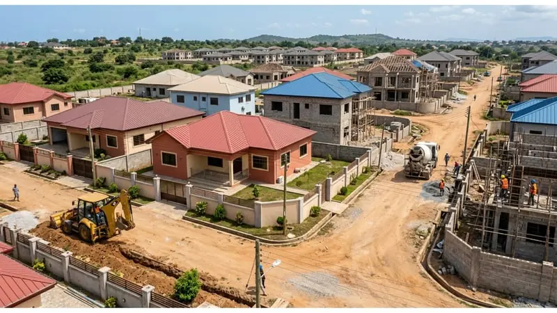 Residential buildings at different stages of construction, with site equipment and access roads.